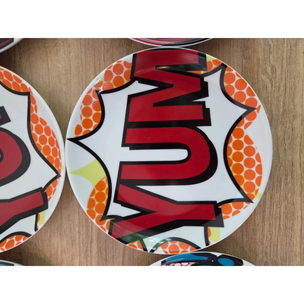 Set of 6 CB2 Crate & Barrel Comic Pop Art Side Snack Appetizer Plates 5.5''